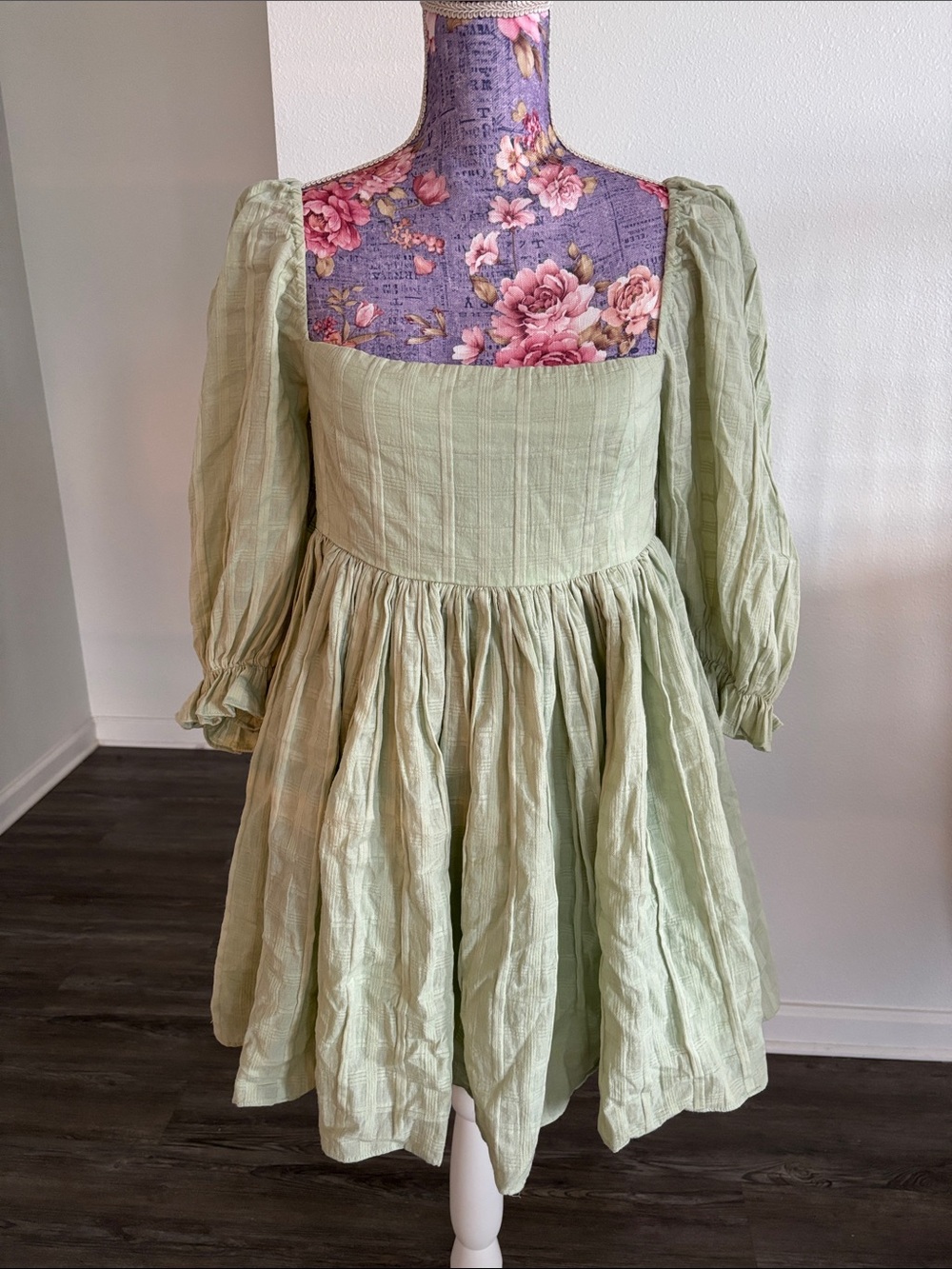 Light Green Puff Sleeve Square Neck babydoll style Dress